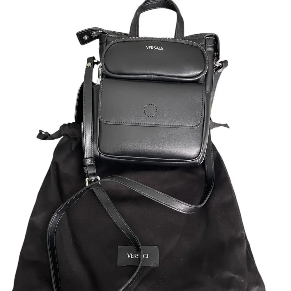 Versace Black Men's Leather multi-compartment messenger‎ shoulder bag 1012234